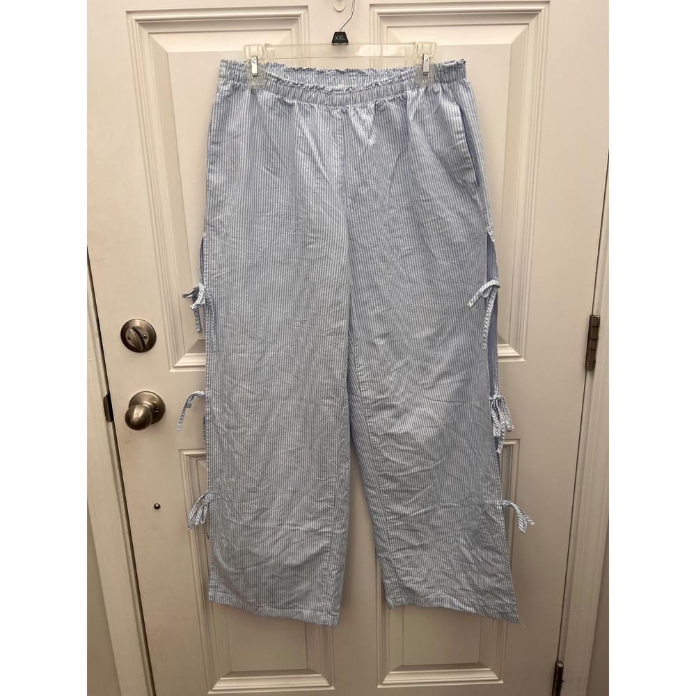 Cali 1850 Los Angeles Blue White Seersucker Striped Wide Leg Side Tie Pants L